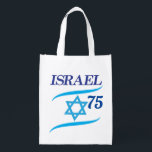 Israel 75 Anniversary, Independence Day - Modern Reusable Grocery Bag<br><div class="desc">Israel 75th anniversary, Independence Day Blue Star of David, Israeli Flag, Yom Haatzmaut Jewish Holiday festive greeting logo, Jerusalem banner with Israeli blue star, Magendavid label flag, fireworks, modern design wallpaper. 2023 celebrate. Israel 75 Birthday Festival celebration. Modern design with text template. Personalized modern trendy bag. Accessories > Bags &...</div>