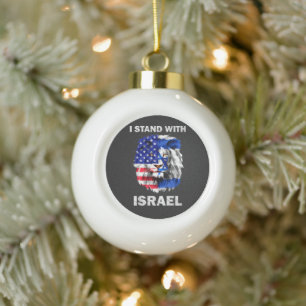Israel and USA Flag Lion _ I Stand with Israel Ceramic Ball Christmas Ornament