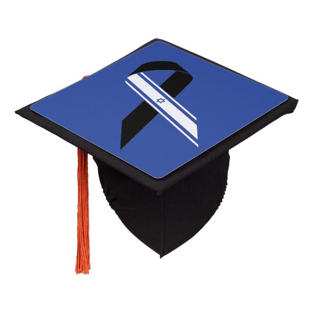 Israel flag black ribbon memorial blue graduation cap topper (Angled)