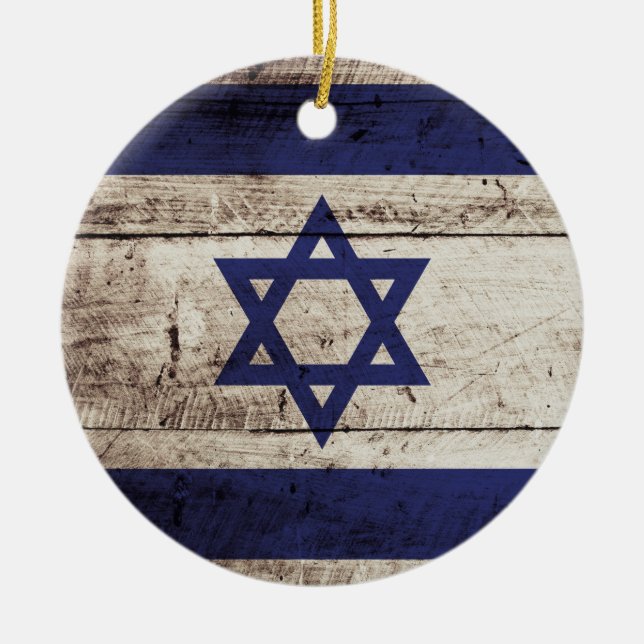 Israel Flag on Old Wood Grain Ceramic Ornament (Front)