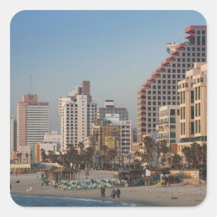 Israel, Tel Aviv, beachfront, hotels, dusk Square Sticker