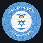 Israeli Angel Hanukkah Flag Personalized  Classic Round Sticker<br><div class="desc">Round sticker shows an angel wearing the flag of Israel on this sticker for holiday or Hanukkah gift decorating. The Israeli Flag angel is found inside a white, fractal circle of squiggly squares. The background is a blue fractal of squiggly squares. Add your own text or personalize with a name,...</div>