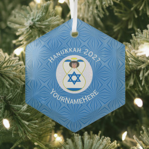 Israeli Angel Hanukkah Flag Personalized  Glass Ornament