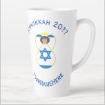 Israeli Angel Hanukkah Flag Personalized Large Latte Mug<br><div class="desc">Personalized large latte mug to help you celebrate Hanukkah with this angel dressed in the Flag of Israel. Add your name, or the name of someone else, if giving as a gift, to personalize. Add a year and holiday, too. Designed to augment your Hanukkah decor this holiday season. Design shows...</div>