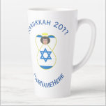 Israeli Angel Hanukkah Flag Personalized Large Latte Mug<br><div class="desc">Personalized large latte mug to help you celebrate Hanukkah with this angel dressed in the Flag of Israel. Add your name, or the name of someone else, if giving as a gift, to personalize. Add a year and holiday, too. Designed to augment your Hanukkah decor this holiday season. Design shows...</div>
