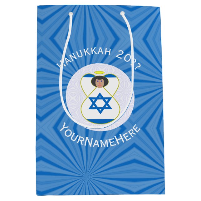 Israeli Angel Hanukkah Flag Personalized  Medium Gift Bag (Front)