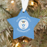 Israeli Angel Hanukkah Flag Personalized  Ornament<br><div class="desc">Star shaped ornament for holiday and Hanukkah decor featuring an angel dressed in the blue and white flag of Israel. Designed for families of multiple religions. The Hanukkah Israeli flag angel flies inside a white circle of squiggly squares, surrounded by a background of blue squiggly squares. Add a name to...</div>