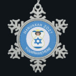 Israeli Angel Hanukkah Flag Personalized  Snowflake Pewter Christmas Ornament<br><div class="desc">Snowflake pewter ornament for holiday and Hanukkah decor featuring an angel dressed in the blue and white flag of Israel. Designed for families of multiple religions. The Hanukkah Israeli flag angel flies inside a white circle of squiggly squares, surrounded by a background of blue squiggly squares. Add a name to...</div>