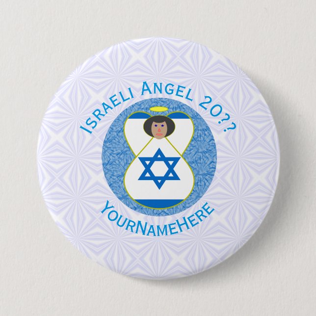 Israeli Flag Angel Blue White Personalized  3 Inch Round Button (Front)