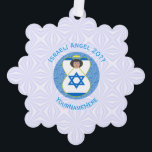 Israeli Flag Angel on Blue and White Personalized  Ornament Card<br><div class="desc">On these personalized paper ornament cards, an angel wears the flag of Israel and flies in the centre of a digitally created, textured, blue, fractal circle. The primary colours in this design are blue and white, chosen with Hanukkah in mind. Blue letters read ISRAELI ANGEL and make a space for...</div>