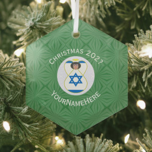 Israeli Flag Christmas Angel Name Year Hexagon Glass Ornament