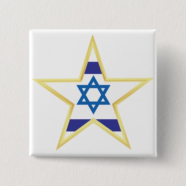 Israeli Flag Star of David Gold Trimmed 2 Inch Square Button (Front)