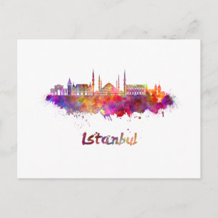 Istanbul skyline in watercolor postcard