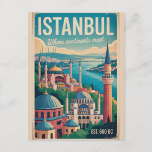 Istanbul Turkey Retro Skyline Cityscape Travel Postcard