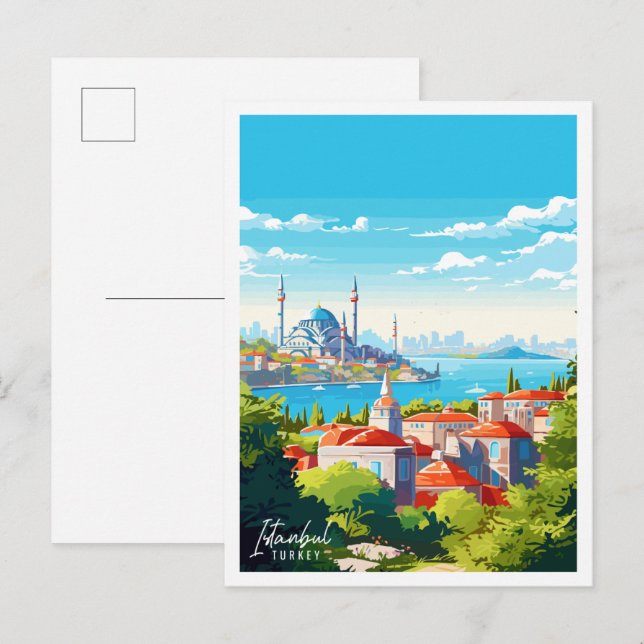 Istanbul Turkey vintage travel illustration Postcard (Front/Back)