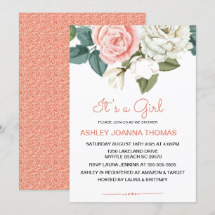 It' A Girl Elegant Coral Flowers Baby Shower Invitation