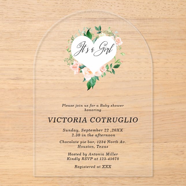 It is a Girl Peach Baby Shower Arch Acrylic Invitations (Front)