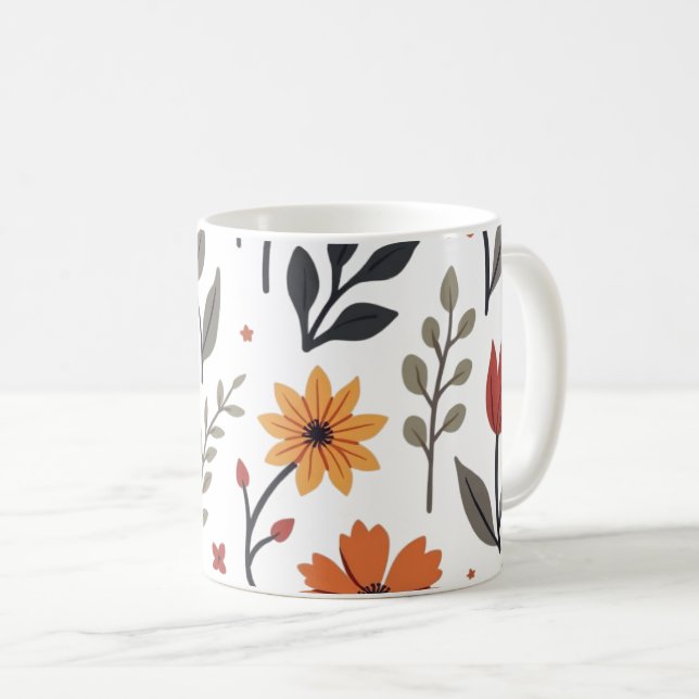 It is a mug decorated with flowers and leaves. (Front Right)