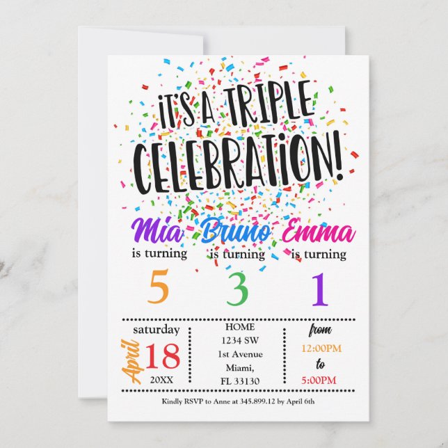 It is a Triple Siblings Birthday Invitation (Front)