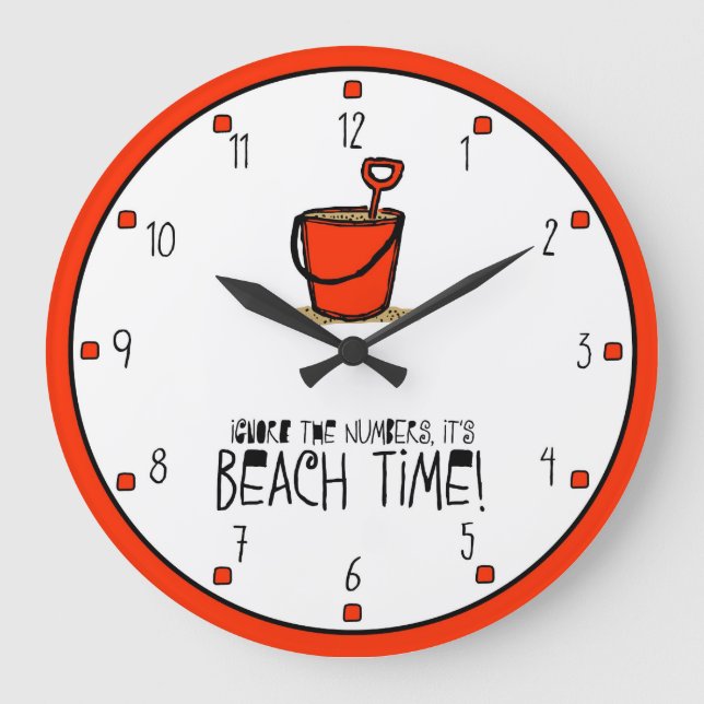 It is Beach Time! Orange-Red Large Clock (Front)
