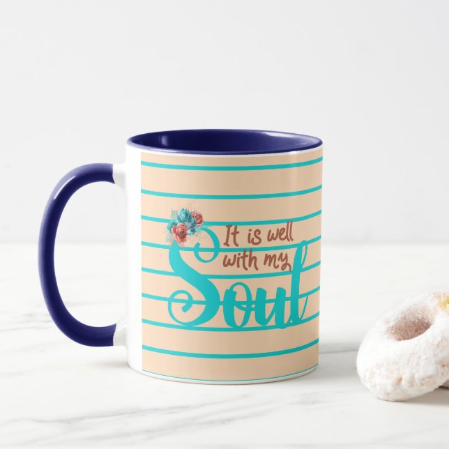 It Is Well With My Soul Turquoise And Peach Floral Mug (With Donut)