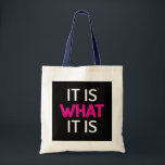 It Is What It Is - Motivational Tote Bag"<br><div class="desc">Embrace life with this stylish "It Is What It Is" tote bag! Perfect for carrying your essentials, this durable and trendy bag features a bold design that resonates with a positive mindset. Whether you're heading to the grocery store, the gym, or a day out with friends, this tote is your...</div>