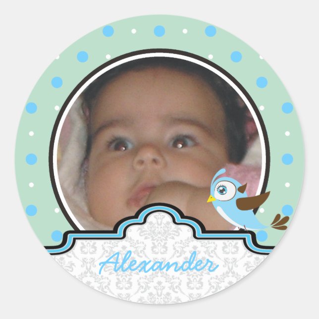 It’s a boy baby birth polkadot photo announcement classic round sticker (Front)