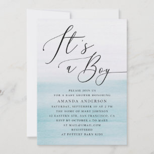 It’s a Boy Baby Shower   Blue Watercolor Script Invitation