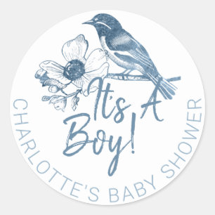 It’s a Boy Baby Shower Sticker – Dusty Blue Bird 