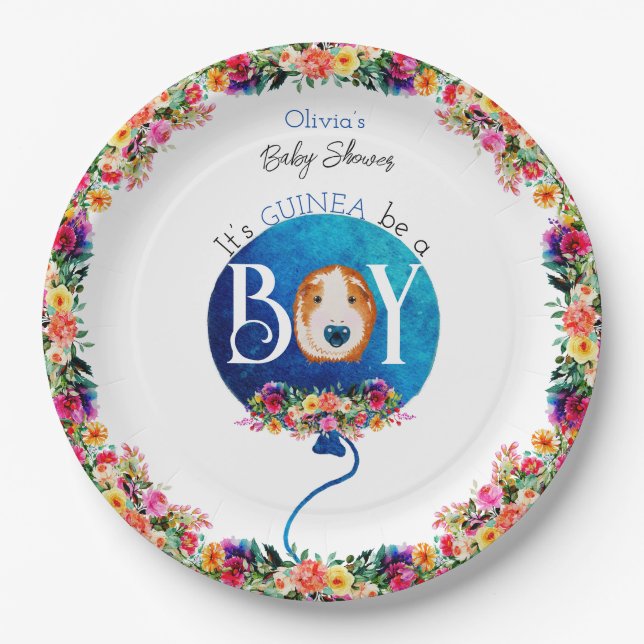 It’s a boy blue balloon guinea pig baby shower paper plate (Front)