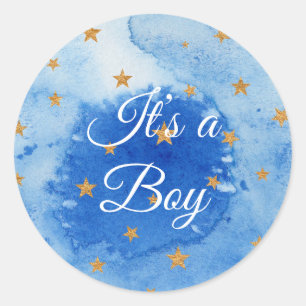  It’s a Boy -Blue Watercolor with stars  Classic Round Sticker