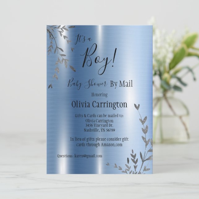 It’s a Boy Metallic Baby Shower By Mail Invitation (Standing Front)