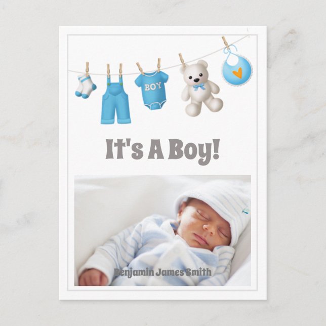It’s A Boy! New Baby – Blue Custom Photo Postcard (Front)