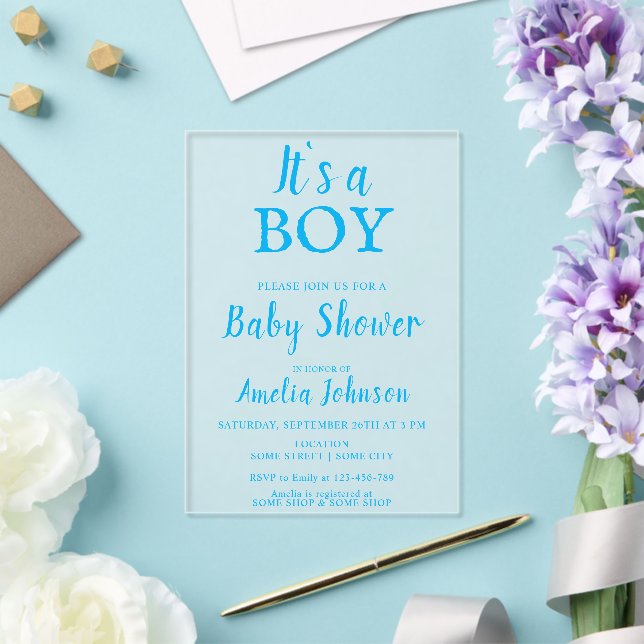 It`s a Boy Simple Blue Baby Boy Baby Shower Acrylic Invitations (Insitu (Wedding))