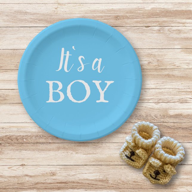 It`s a Boy Typography Blue Baby Boy Baby Shower Paper Plate (Creator Uploaded)