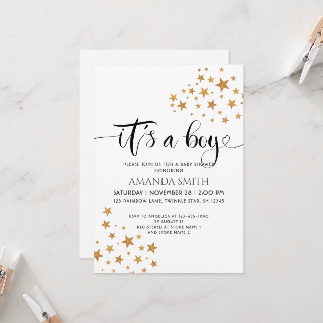 It’s a Boy Yellow Stars, Black & White Baby Shower Invitation (Front/Back In Situ)
