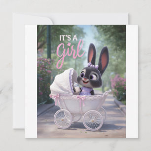 It’s a Girl: Baby Bunny in Pink Lace Stroller Announcement