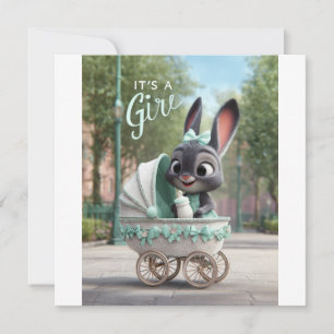 It’s a Girl Baby: Cute Bunny in Green Stroller Announcement
