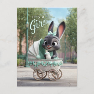 It’s a Girl Baby: Cute Bunny in Green Stroller Announcement Postcard