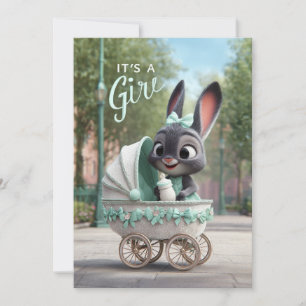 It’s a Girl Baby: Cute Bunny in Green Stroller Invitation