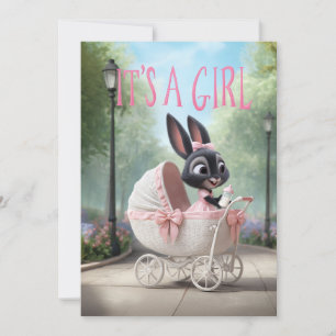 It’s a Girl: Cute Baby Bunny Pink Vintage Stroller Invitation