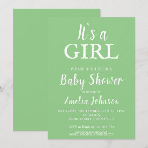 It`s a Girl Green Baby Girl Baby Shower Invitation