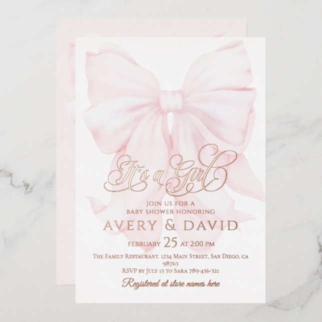 It’s a Girl Pink Bow Modern Elegant Baby Shower (Front/Back)