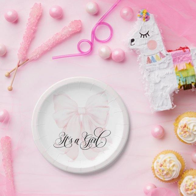 It’s a Girl Pink Bow Modern Elegant Baby Shower Paper Plate (Party)