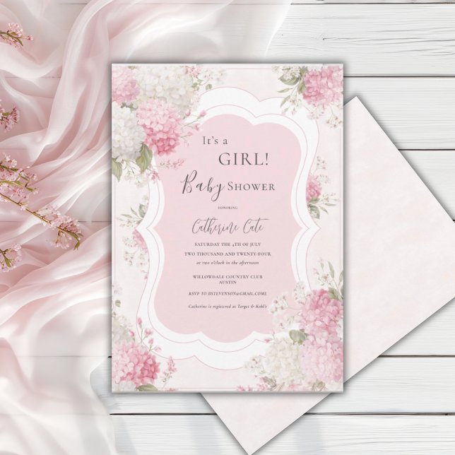 It’s a Girl Pink Hydrangea Floral Elegant Baby Invitation (Creator Uploaded)
