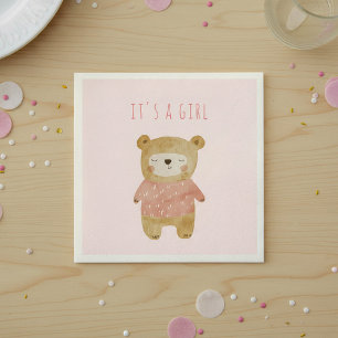 It’s a Girl Watercolor cute Bear Pink Baby Shower Napkin