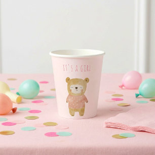 It’s a Girl Watercolor cute Bear Pink Baby Shower Paper Cups