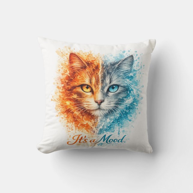It’s a Mood Fire and Ice Cat Cute Artistic Cat Throw Pillow (Front)