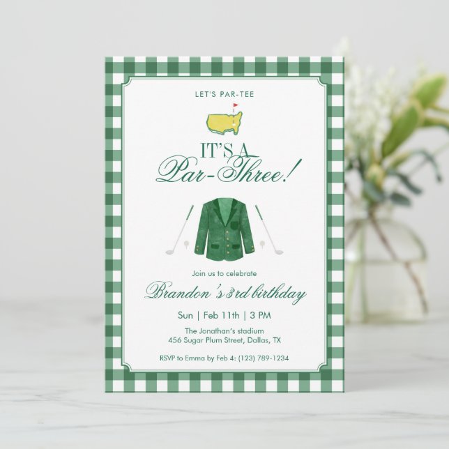 It’s A Par-Three Golf 3rd Birthday Green Gingham Invitation (Standing Front)