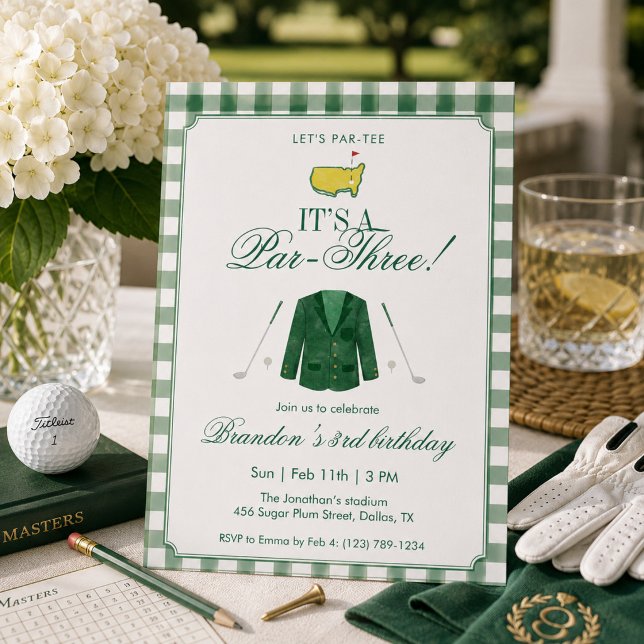 It’s A Par-Three Golf 3rd Birthday Green Gingham Invitation (Creator Uploaded)